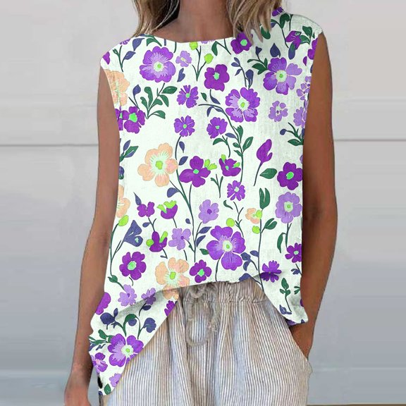 Shirts for Women Plus Size Sleeveless Round Neck Floral Printed Casual Tank Top Purple L