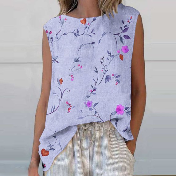 Shirts for Women Plus Size Sleeveless Round Neck Floral Printed Casual Tank Top Purple L