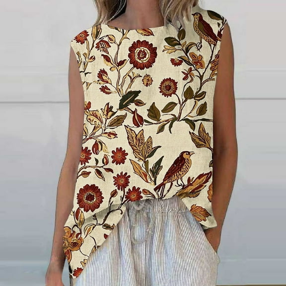 Shirts for Women Plus Size Sleeveless Round Neck Floral Printed Casual Tank Top Wine L