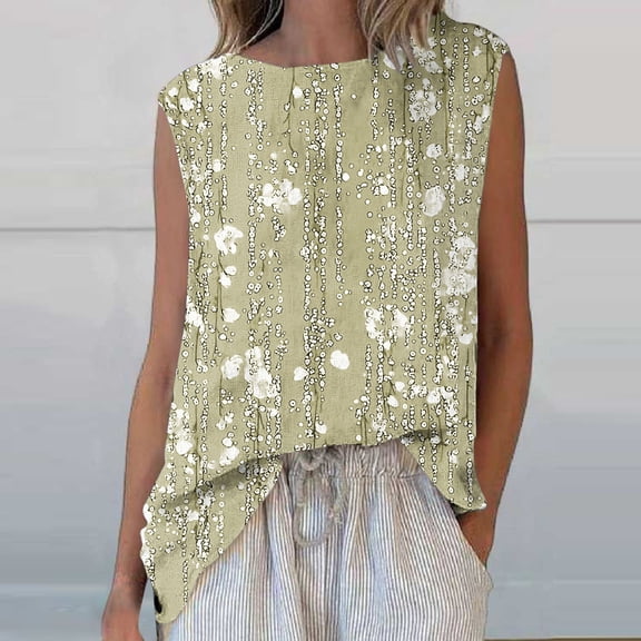 Shirts for Women Plus Size Sleeveless Round Neck Floral Printed Casual Tank Top Yellow L