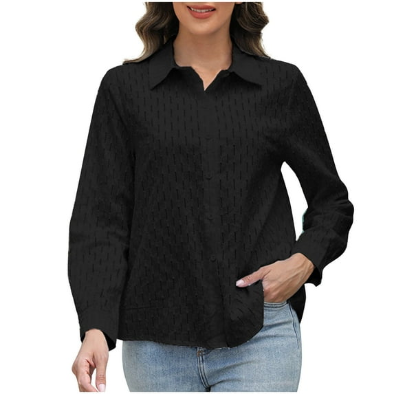 Shirts for Women Plus Size Solid Color Long Sleeve Turndown Collar Button Blouse Tops Black M