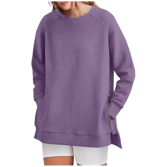 Shirts for Women Plus Size Solid Color Side Zipper Round Neck Long-sleeved Pullover Loose Casual Sweatshirt,Tops for Women Purple XL