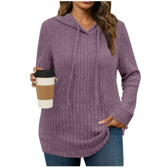 Shirts for Women Plus Size Solid Color Stripe Brushed Drawstring Long Sleeved Hooded Top Lightweight Base Layer Undershirt Tees