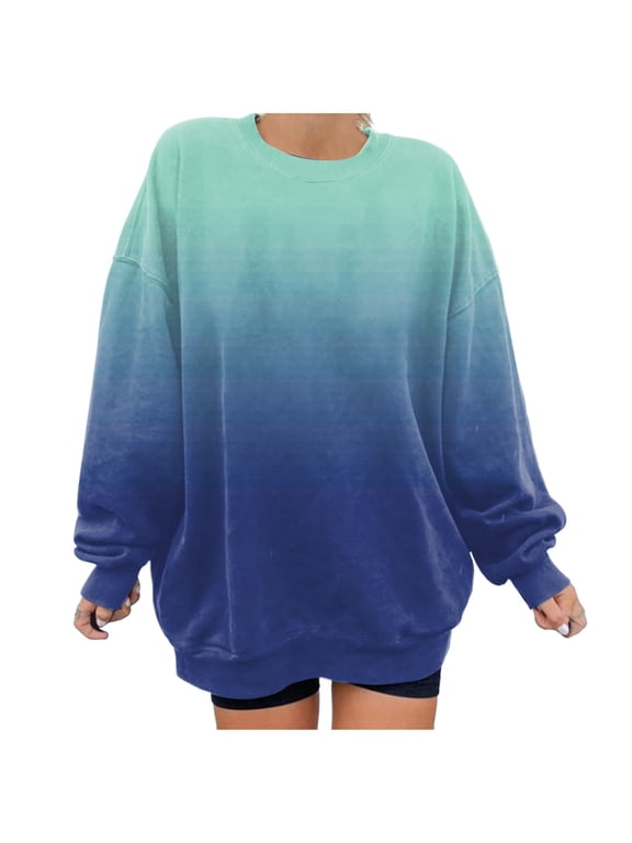 Shirts for Women Plus Size Winter Fall Loose Crew Neck Long Sleeve Puff Cold Shoulder Gradient Leisure Cotton Pullover Sweatshirts(Blue,S)