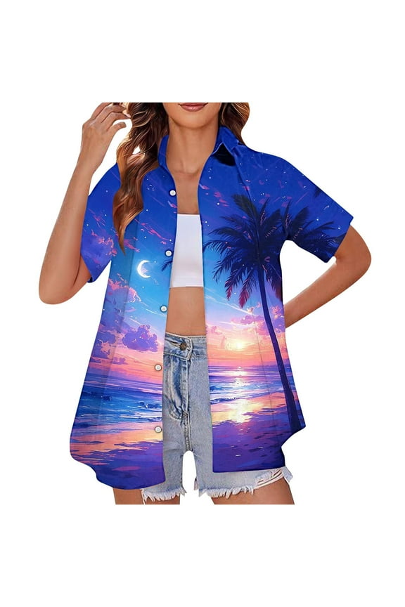 Shirts for Women Plus Size Women's Shirt Short Sleeve Womens Hawaiian Shirts Button Up Casual Shirt Summer Beach Shirt Cool Short Sleeve Blouse Tops