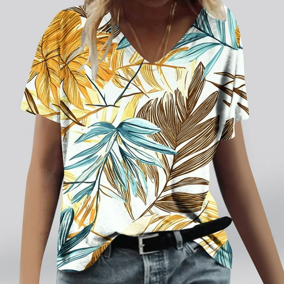 Shirts for Women Print Short Sleeve V-Neck T-Shirt Yellow XXL