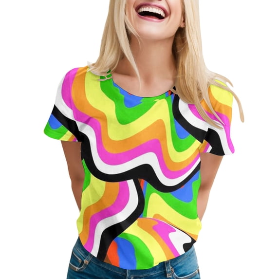 Shirts for Women Rainbow Print Round Neck Loose Fit Short Sleeve T-Shirt Tops