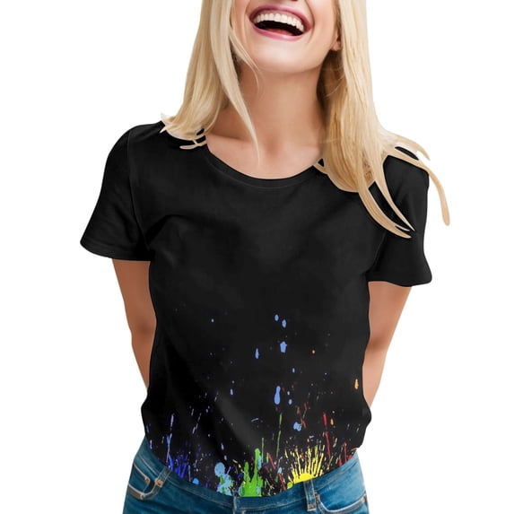 Shirts for Women Rainbow Print Round Neck Loose Fit Short Sleeve T-Shirt Tops