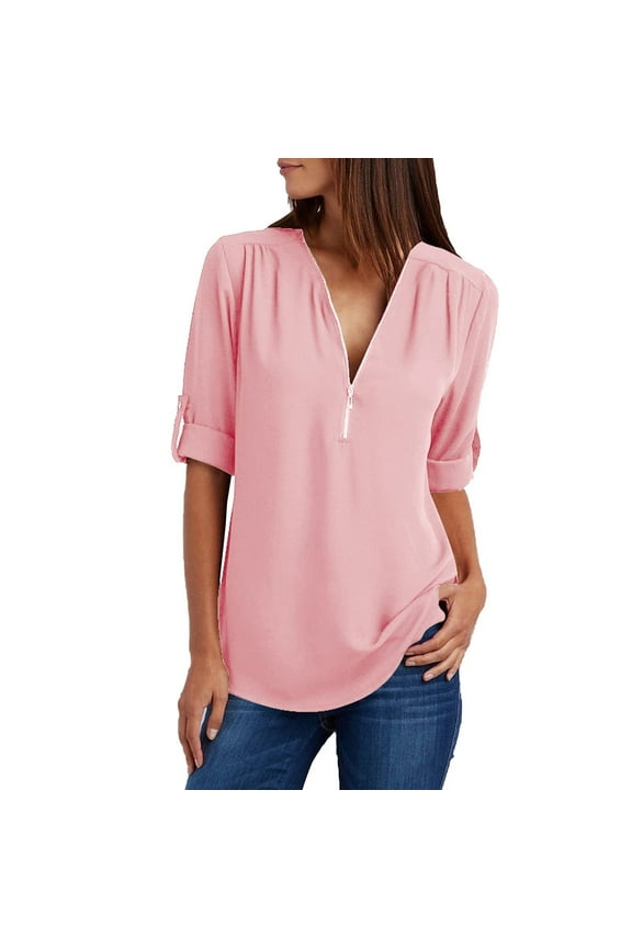 Shirts for Women Roll up Sleeves Zipper V Neck Summer Chiffon Tops T Shirts Solid Trendy Casual Loose Tunic Tees Blouses