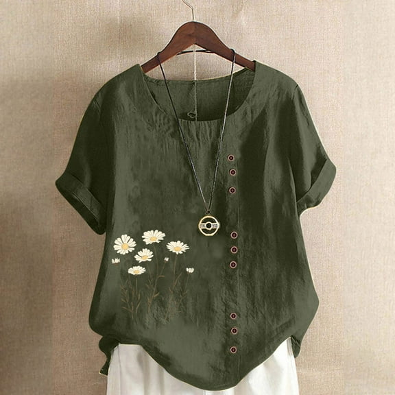 Shirts for Women Round Neck Printed Short Sleeve Button T-shirt Army Green M