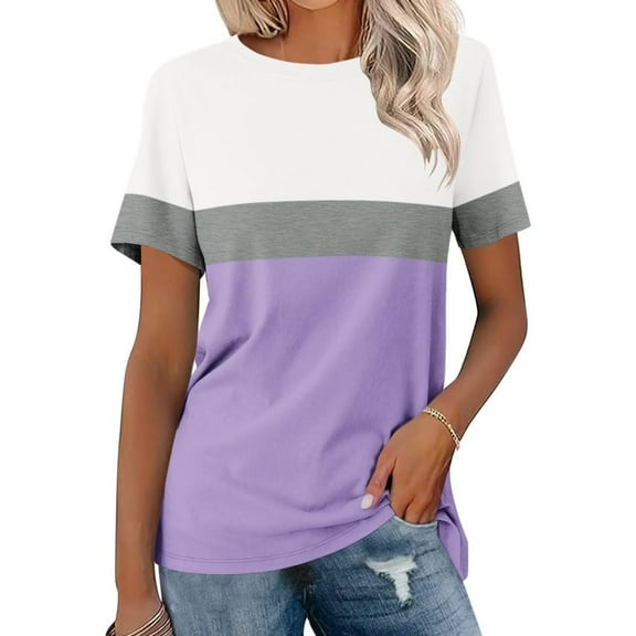 Shirts for Women Round Neck Short Sleeve Striped Printed Casual T-shirt Purple M
