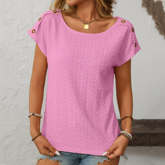 Shirts for Women Round Neck Short Sleeved Solid Color Hollowed Out Casual T-Shirt Pink M