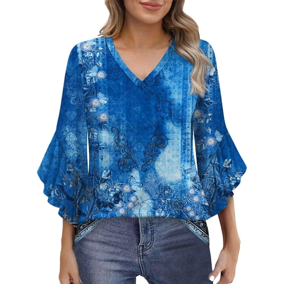 Shirts for Women Ruffle Floral Printed 3/4 Sleeved V-Neck Business Work Blouses Spring Summer Trendy Loose Fit Dressy Casual Tops