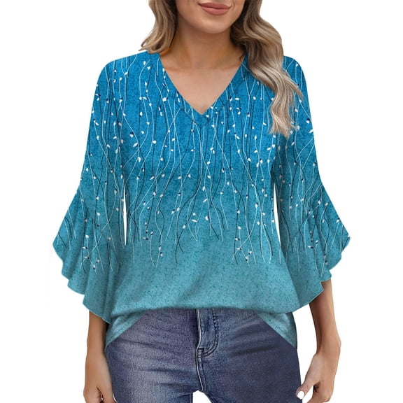 Shirts for Women Ruffle Floral Printed 3/4 Sleeved V-Neck Business Work Blouses Spring Summer Trendy Loose Fit Dressy Casual Tops