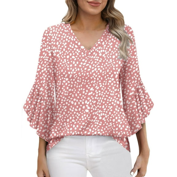 Shirts for Women Ruffle Floral Printed 3/4 Sleeved V-Neck Business Work Blouses Spring Summer Trendy Loose Fit Dressy Casual Tops