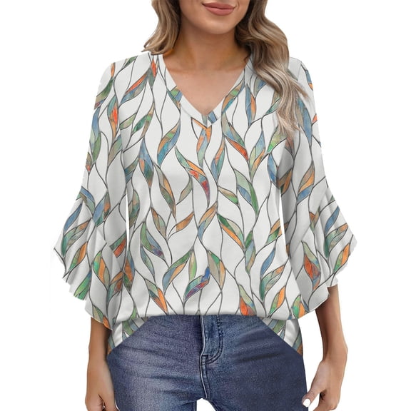 Shirts for Women Ruffle Floral Printed 3/4 Sleeved V-Neck Business Work Blouses Spring Summer Trendy Loose Fit Dressy Casual Tops