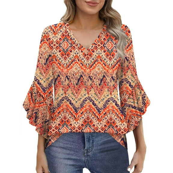 Shirts for Women Ruffle Floral Printed 3/4 Sleeved V-Neck Business Work Blouses Spring Summer Trendy Loose Fit Dressy Casual Tops