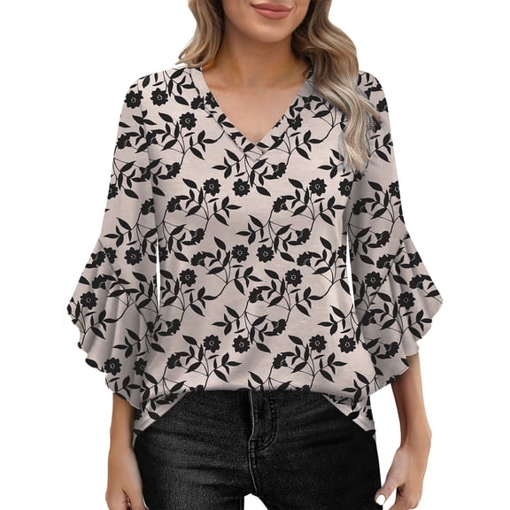 Shirts for Women Ruffle Floral Printed 3/4 Sleeved V-Neck Business Work Blouses Spring Summer Trendy Loose Fit Dressy Casual Tops