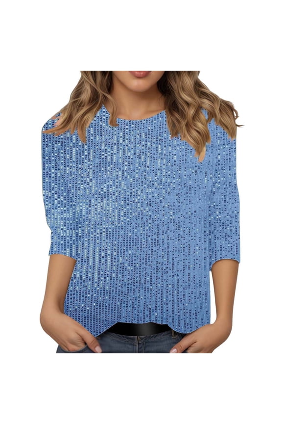 Shirts for Women Sequin Top for Women Blue Long Sleeve Sparkle Shirt Glitter Tops Glitzy Tops Sparkly Holiday Tops for Women