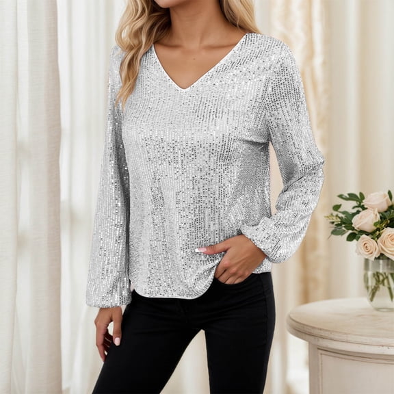 Shirts for Women Sequin Top for Women Silver Long Sleeve Sparkly Outfits for Women Glittery Top Ladies Shirts Womens Dressy Holiday Tops