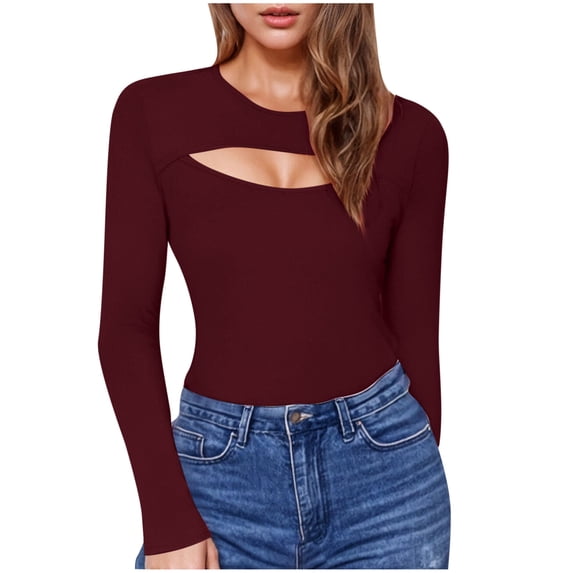 Shirts for Women, Sexy Cut Out Long Sleeve Tops for Women, Round Neck Ribbed Knit Fitted Tee T-Shirt,Open Chest Design for Going Out Tee