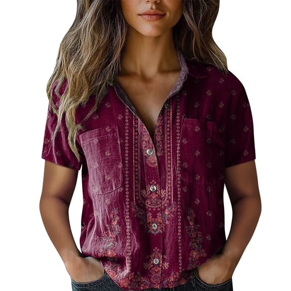 Shirts for Women Shirt Printed Fashion Down Shirts Casual Tops Short Sleeve Blouse Womens Fashion Clothing
