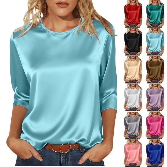 Shirts for Women Shirts for Women Women's Spring/Summer Satin Three-Quarter Sleeve Round-Neck Solid Color Pullover Top Light Blue L