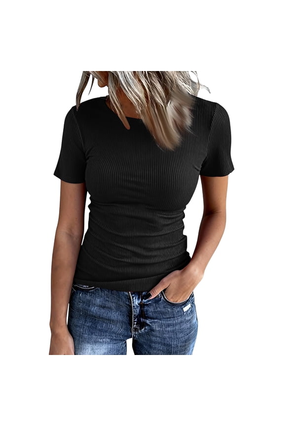 Shirts for Women Short Sleeve Causal Ribbed Knit Tees Crewneck Vacation T-Shirts Solid Slim Fitted Tops Black L