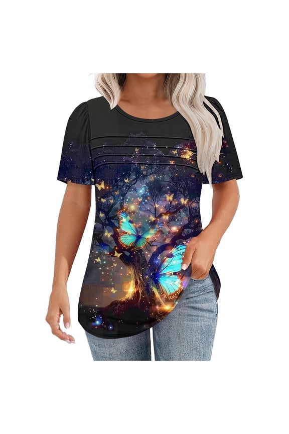 Shirts for Women Short Sleeve Plus Size T-Shirts Summer Clothing Tops Women's New Round Neck Pullover Chest Pleated Casual Print Top