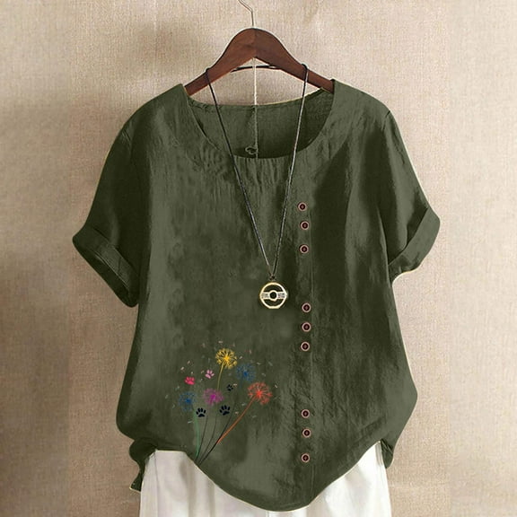 Shirts for Women Short Sleeve Round-Neck Floral Printed Button Casual T-shirt Army Green XL