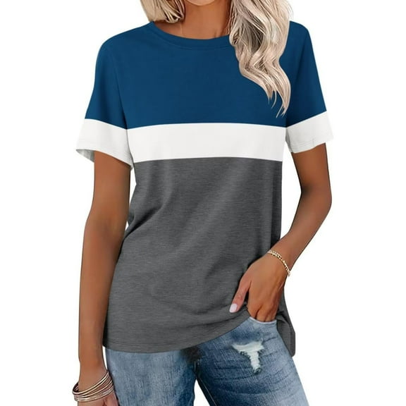 Shirts for Women Short Sleeve Round Neck Striped Printed Casual T-shirt Navy XXXXL