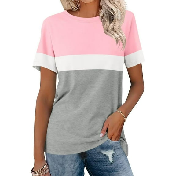 Shirts for Women Short Sleeve Round Neck Striped Printed Casual T-shirt Pink XXXXL