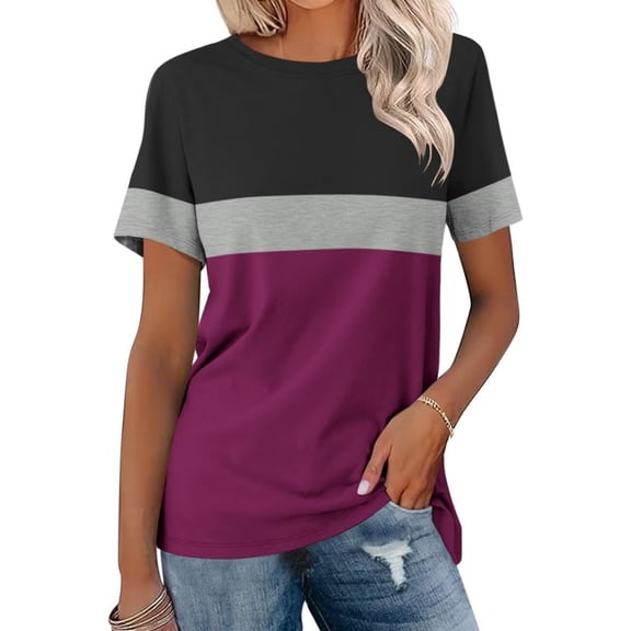 Shirts for Women Short Sleeve Round Neck Striped Printed Casual T-shirt Watermelon Red XXXL