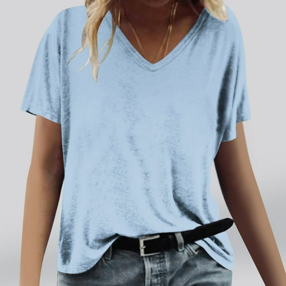 Shirts for Women Short Sleeve V-Neck Solid Causal T-Shirt Summer Tops Light Blue M