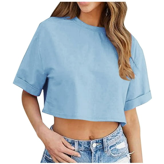 Shirts for Women Short Sleeved Casual Solid Color Crop Round-Neck Blouses for Women 2025 Trendy T Shirts Summer Clothes Light Blue L