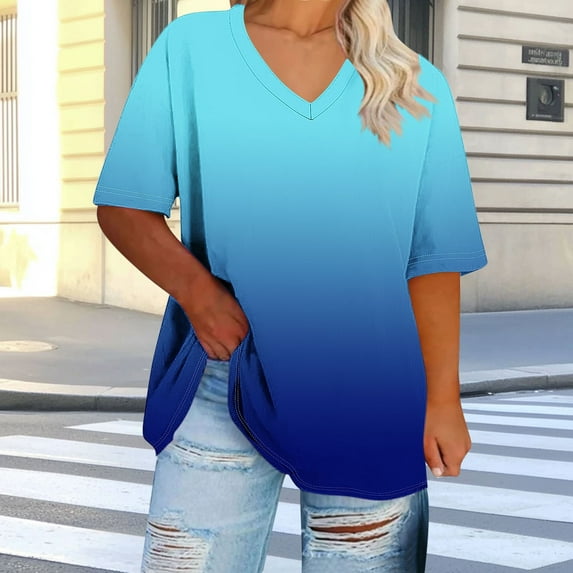 Shirts for Women Short Sleeved Gradient Oversized-neck Solid Summer Base Sports T-shirt Blue XL
