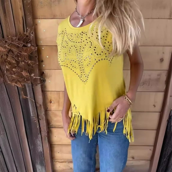 Shirts for Women Short Sleeved Round Neck Tassels Casual Solid Color Top Yellow XL