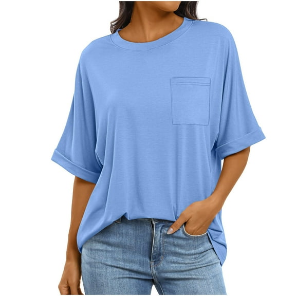 Shirts for Women Short Sleeved Solid Round-Neck Pocket Tops for Women Summer T Shirts Trendy Basic Tee Light Blue L