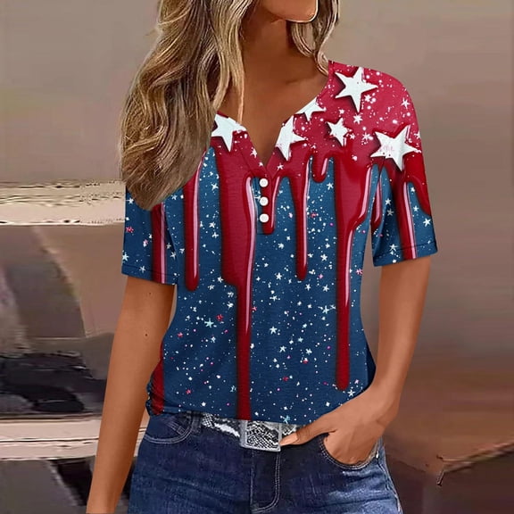 Shirts for Women Short Sleeved V-Neck Independence Day Printed Blouses Button Up Top Blue XXXL