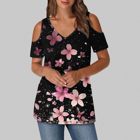 Shirts for Women Short Sleeved V-Neck Off Shoulder Printing Top Black M