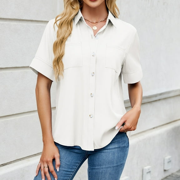 Shirts for Women Short-sleeved Lapel Solid Color Jeans Loose Shirt Tops White M