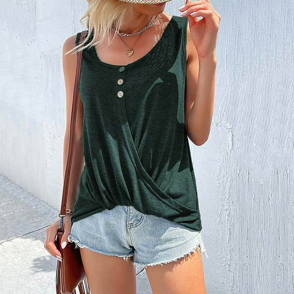 Shirts for Women Sleeveless Buttons Round-Neck Solid Color Casual Blouses Tank Green S