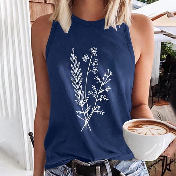 Shirts for Women Sleeveless Round Neck Floral Print Summer T-shirt Navy L