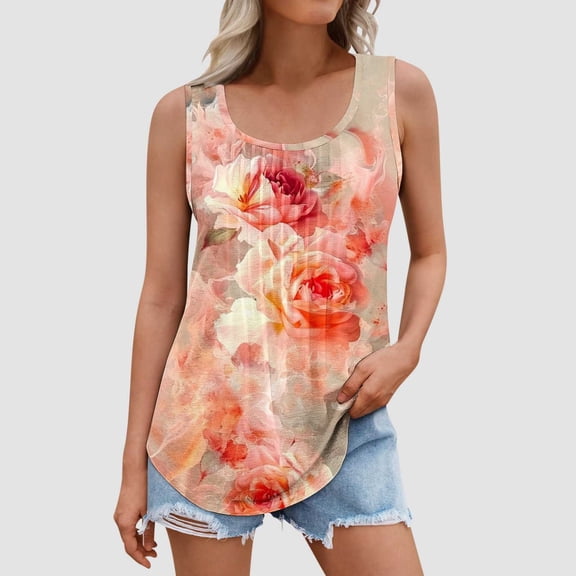 Shirts for Women Sleeveless Round Neck Floral Printing Summer Casual Tee Tank Multicolor XXXL