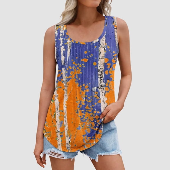Shirts for Women Sleeveless Round Neck Floral Printing Summer Casual Tee Tank Multicolor XXXL