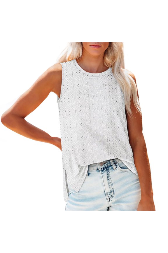 Shirts for Women Solid Color Fashion Casual Hollow Split Round Neck Sleeveless Top M