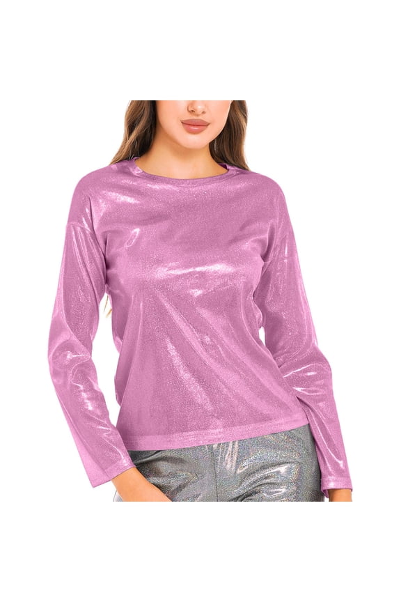 Shirts for Women Solid Color Reflective Shiny Metallic Round Neck Long Sleeve Top T Shirt