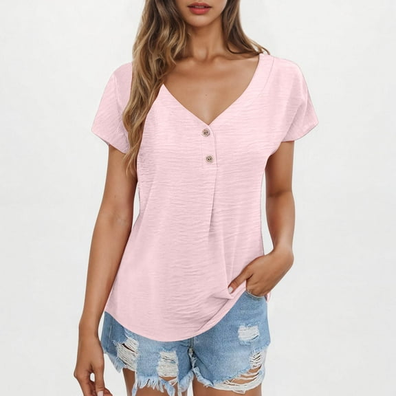 Shirts for Women Solid Color Short Sleeved V-neck Casual Loose T-shirt Pink M