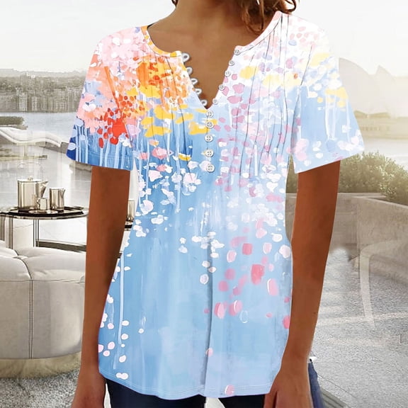 Shirts for Women Solid Color V-Neck Button-Front Short Sleeve Top Light Blue XXL