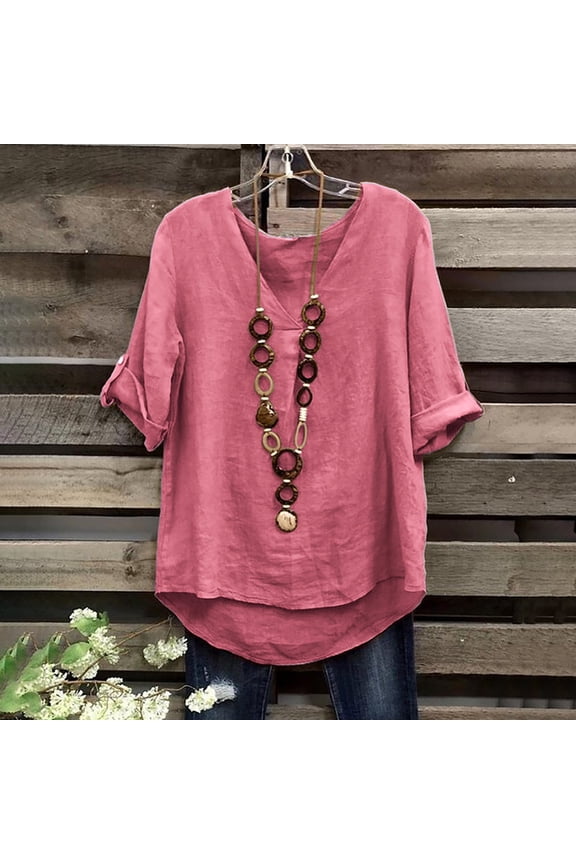 Shirts for Women Spring Casual Loose Fashion Solid Color Cotton Blended Mid Sleeve Top